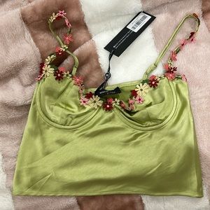 White Fox Boutique Olive Green Floral Appliqué Crop Top
